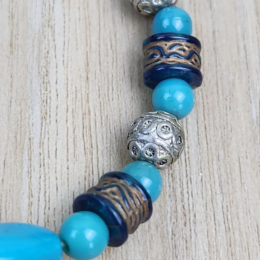 🔺️Turquoise Stone & Antique Silver Plated Beads Stretchy Bracelet
